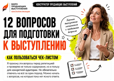 Миниатюра чек-листа «12 вопросов для подготовки к выступлению»